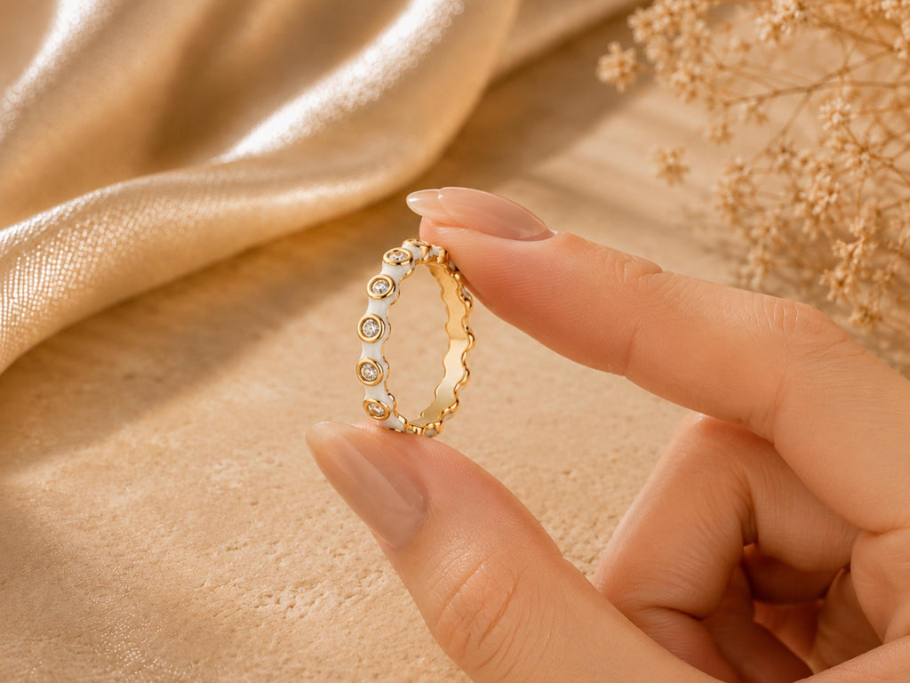 White Enamel Scalloped Stacking Ring – 3.3mm in solid gold, view 8