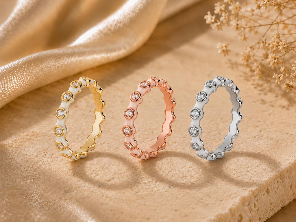 White Enamel Scalloped Stacking Ring – 3.3mm in solid gold, view 7