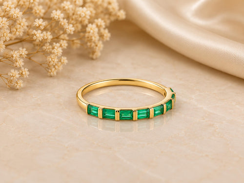 Baguette Emerald Half Eternity Ring – 2.35mm in solid gold
