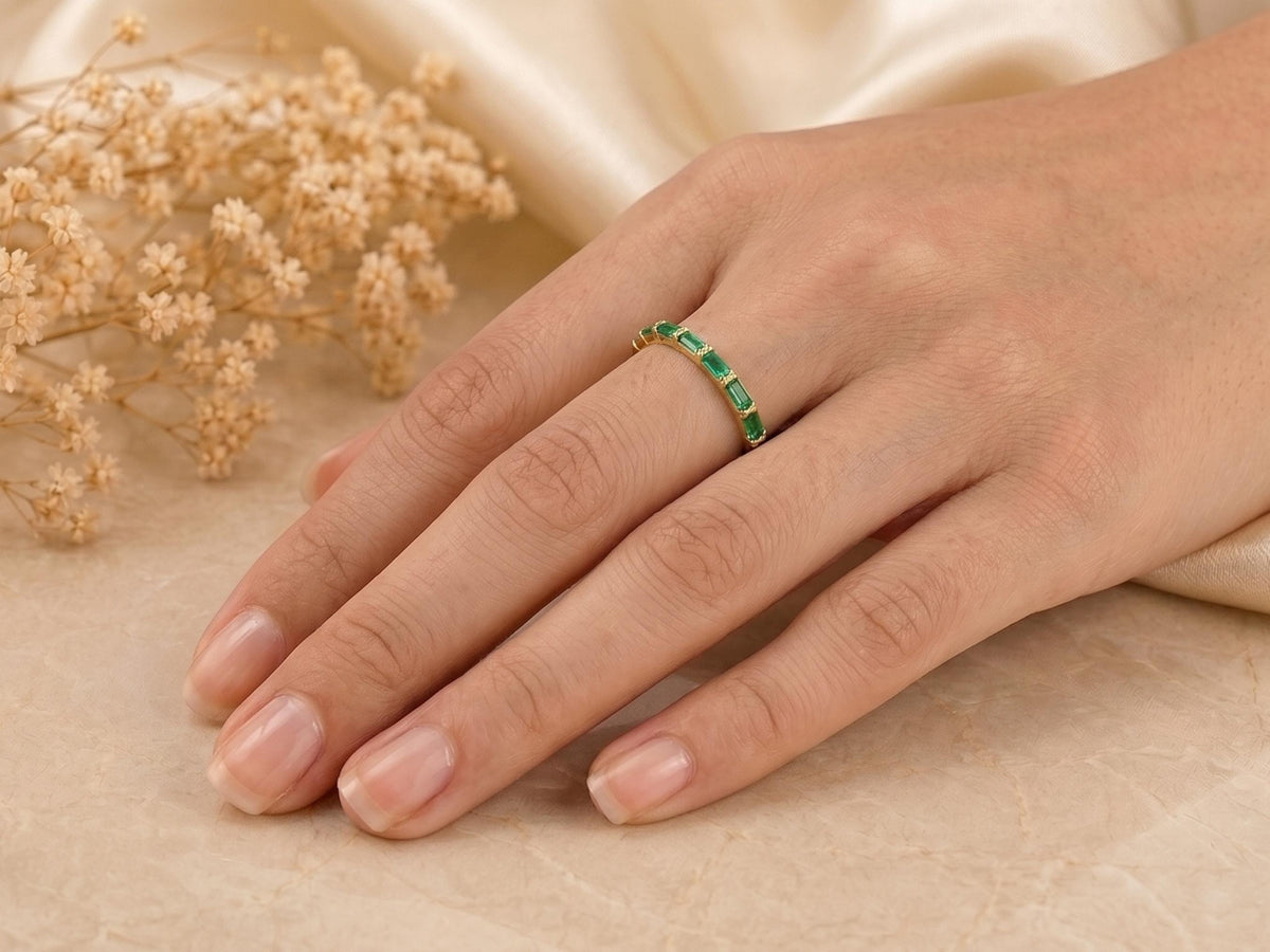 Baguette Emerald Half Eternity Ring – 2.35mm in solid gold, view 10