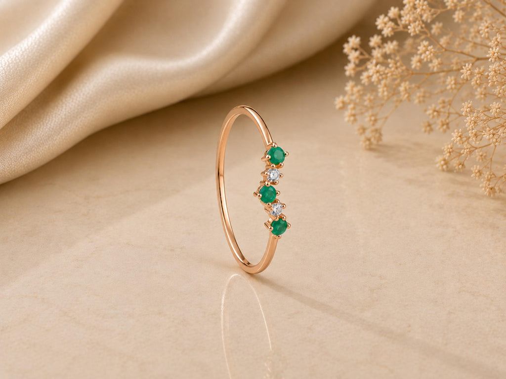 Emerald and Lab-Grown Diamond Wishbone Ring – 1mm in solid gold, view 6