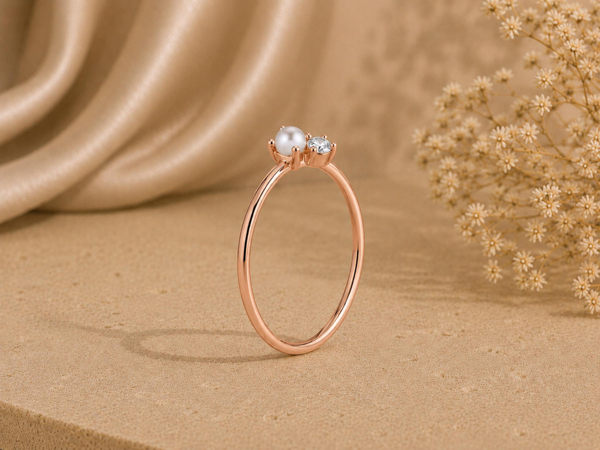 Pearl and Lab-Grown Diamond Ring – Dainty 1mm Band in solid gold, view 6