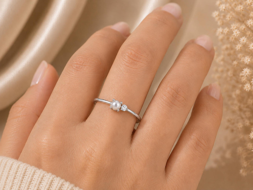 Pearl and Lab-Grown Diamond Ring – Dainty 1mm Band in solid gold, view 9