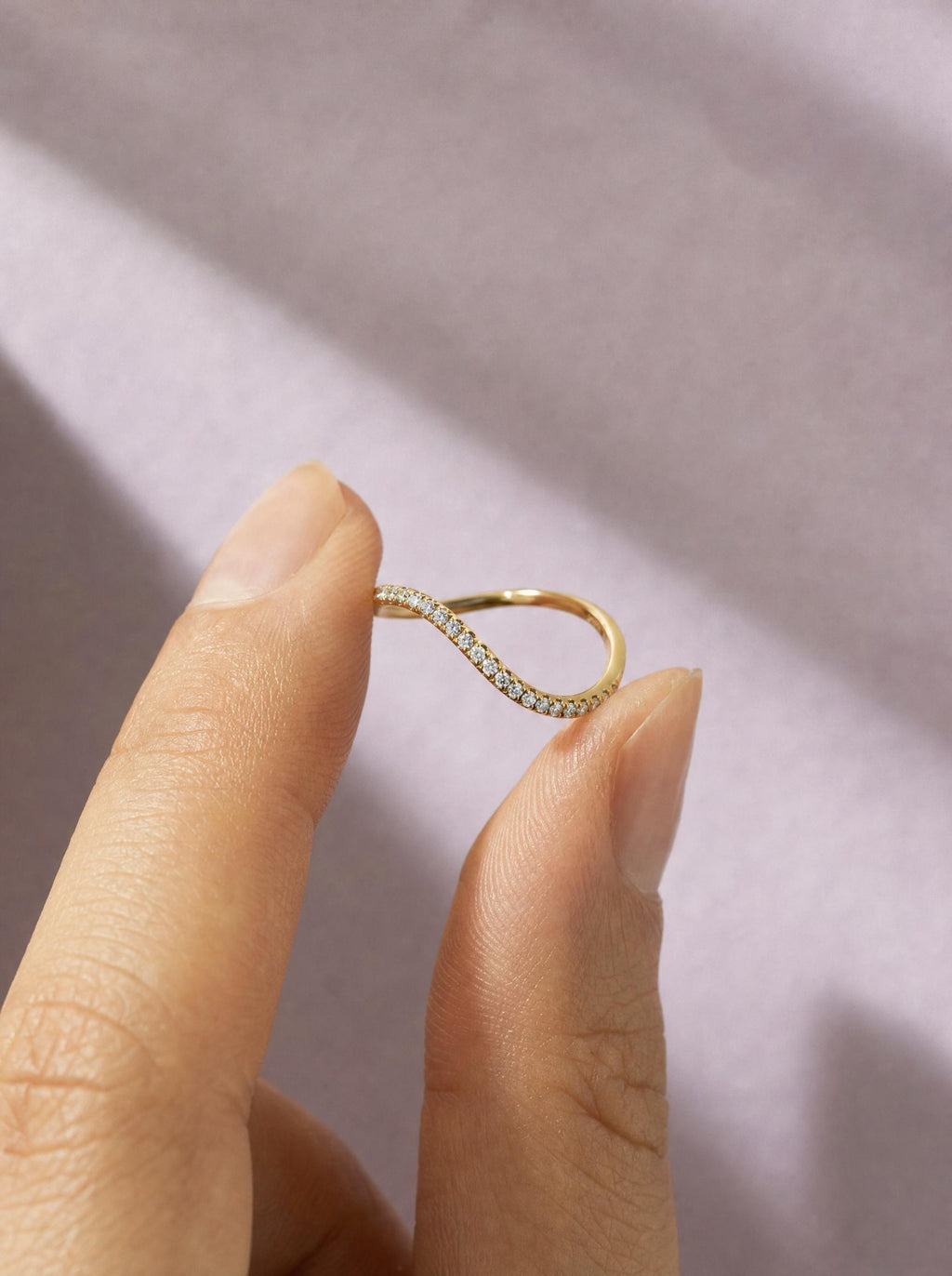 Pavé Lab-Grown Diamond Wave Ring – 1.5mm Curved Band in solid gold, view 3