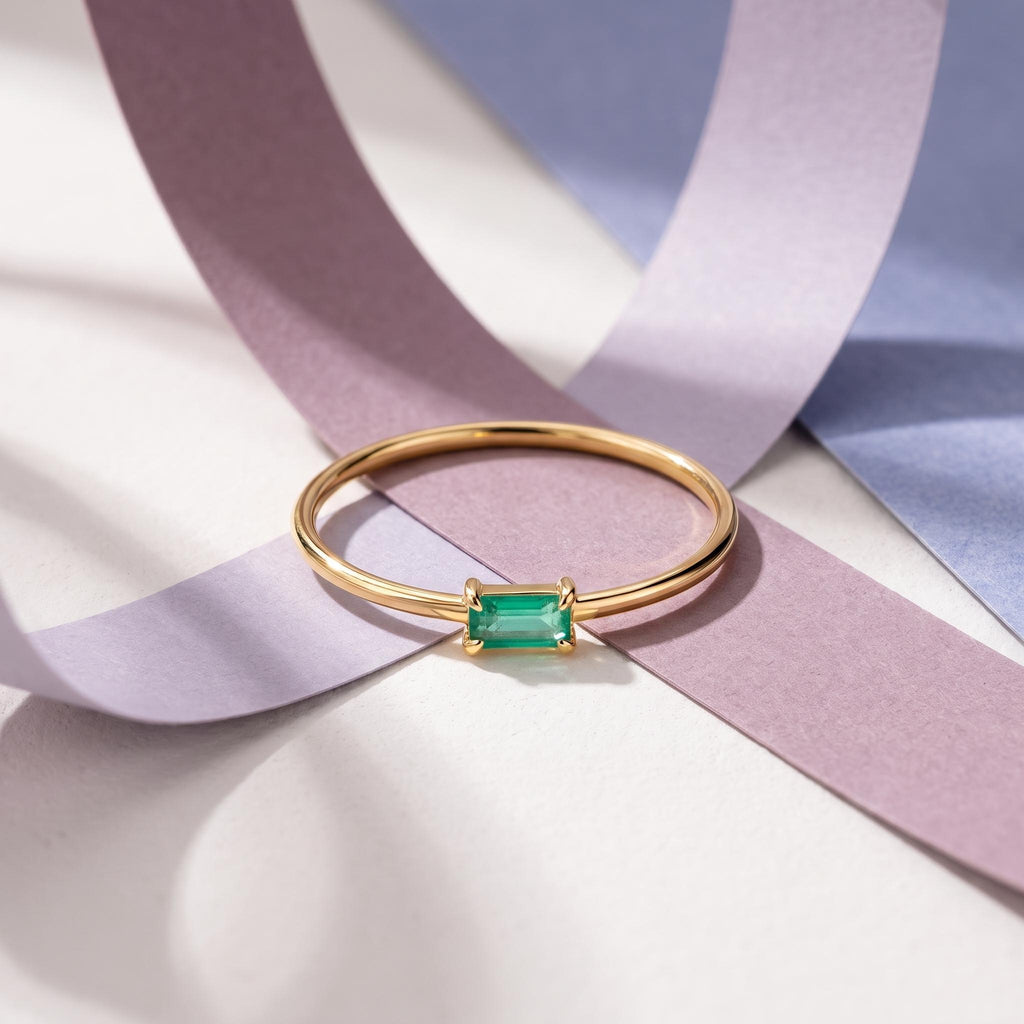 Thin Baguette Solitaire Ring in solid gold, view 4
