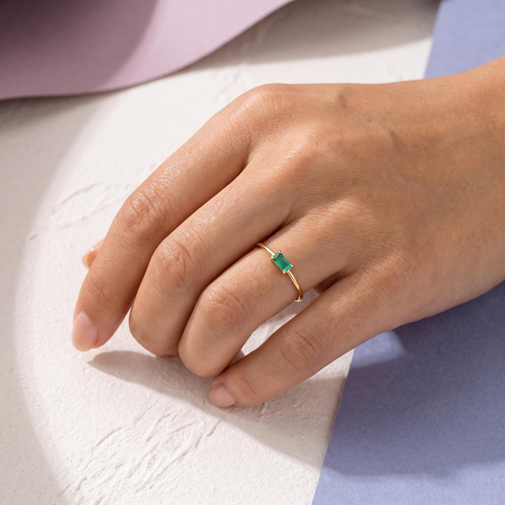 Thin Baguette Solitaire Ring in solid gold, view 6
