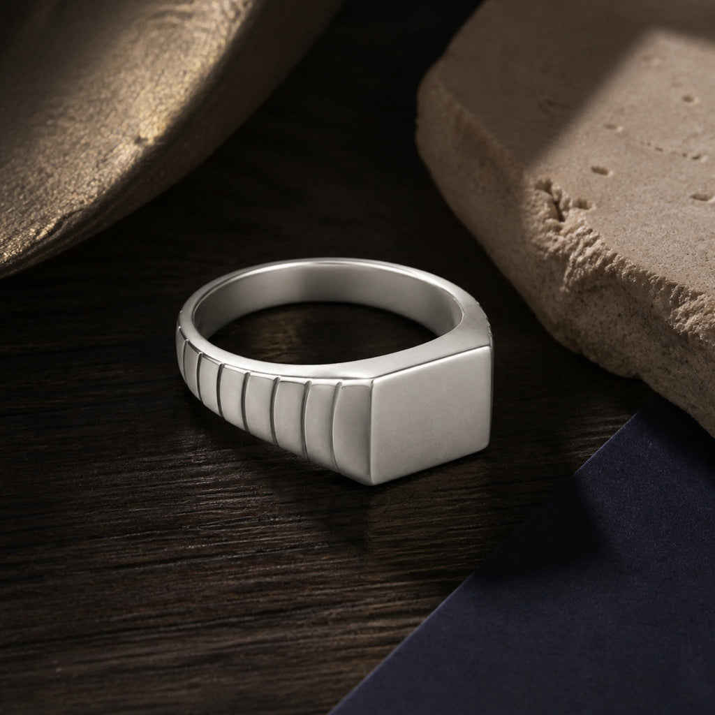 Ribbed Square Signet Ring – 10mm Unisex Pinky Ring in solid gold, view 4