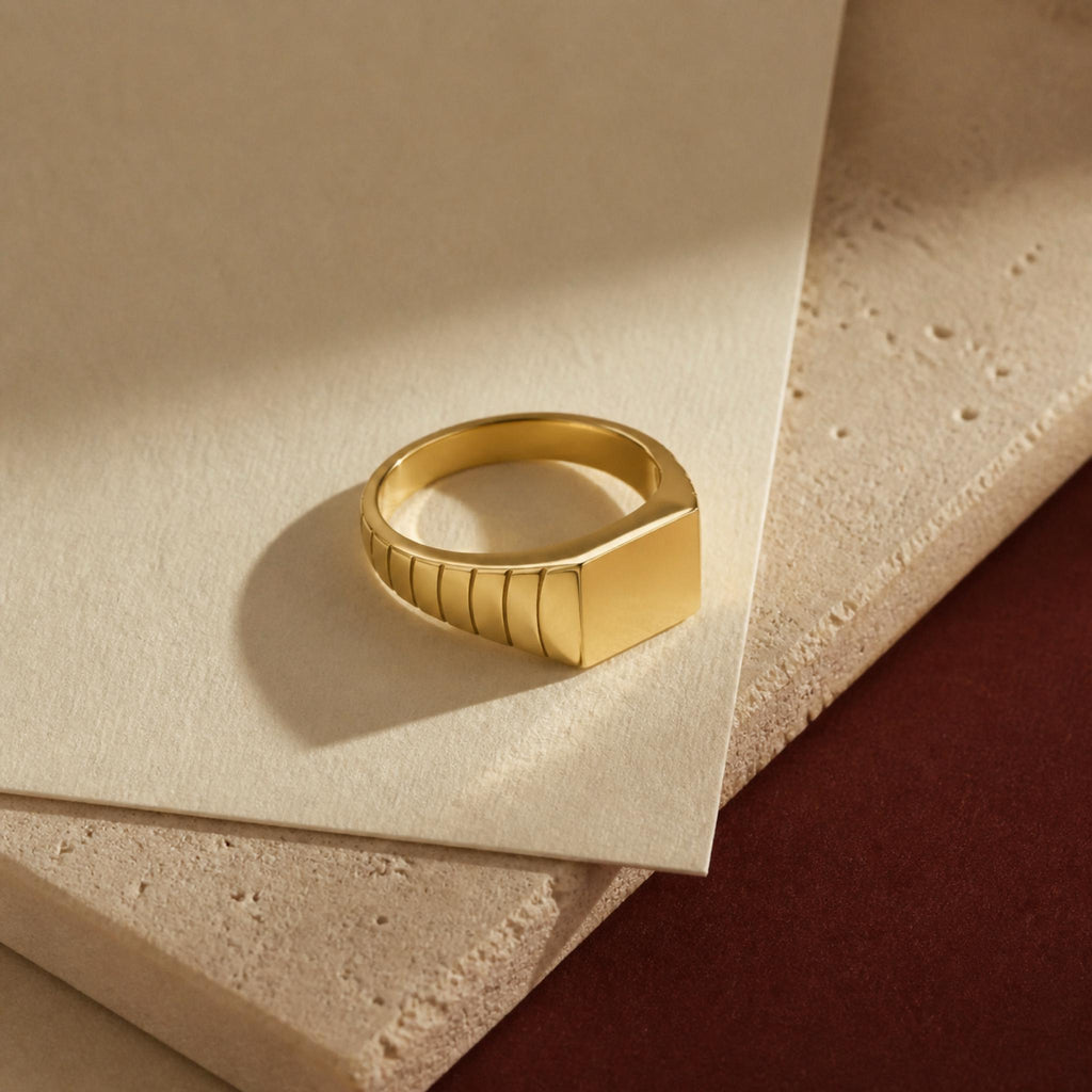 Ribbed Square Signet Ring – 10mm Unisex Pinky Ring in solid gold, view 6