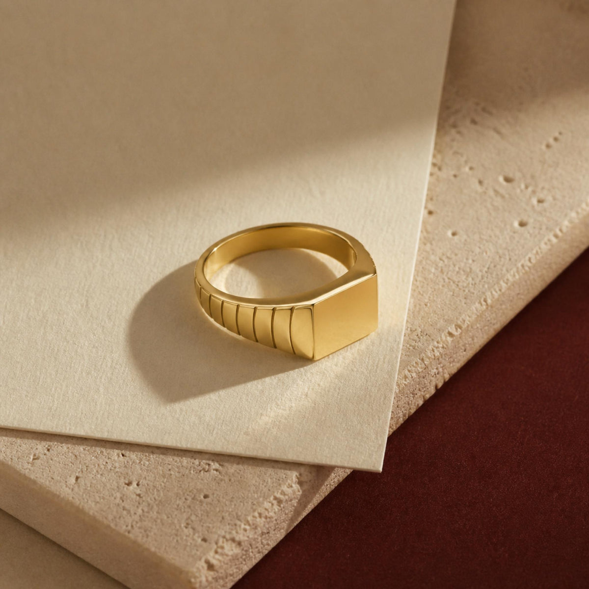Ribbed Square Signet Ring – 10mm Unisex Pinky Ring in solid gold, view 6