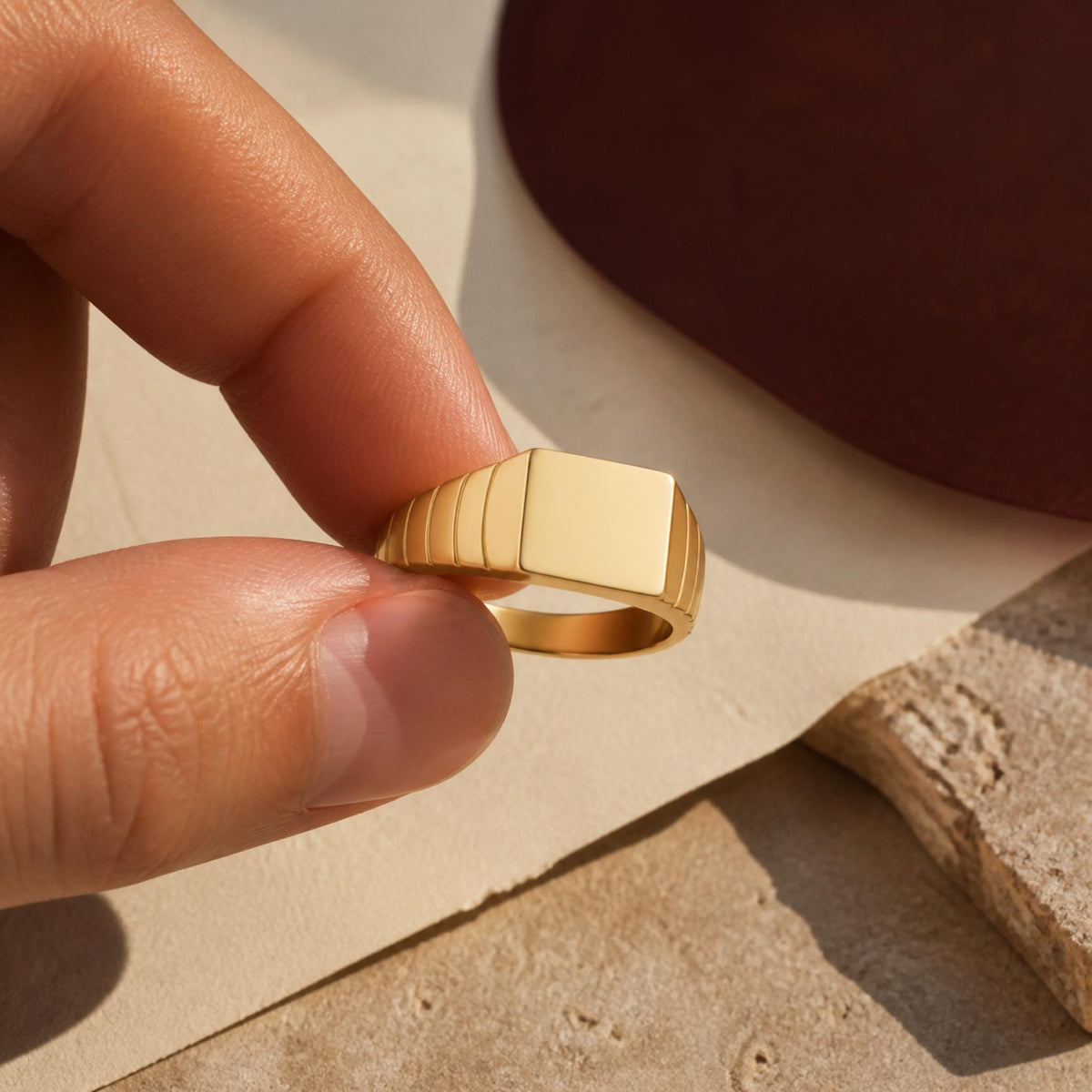 Ribbed Square Signet Ring – 10mm Unisex Pinky Ring in solid gold, view 3