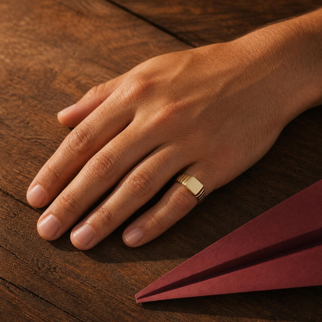 Ribbed Square Signet Ring – 10mm Unisex Pinky Ring in solid gold, view 9