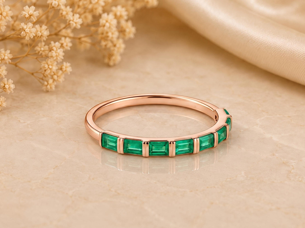Baguette Emerald Half Eternity Ring – 2.35mm in solid gold, view 3