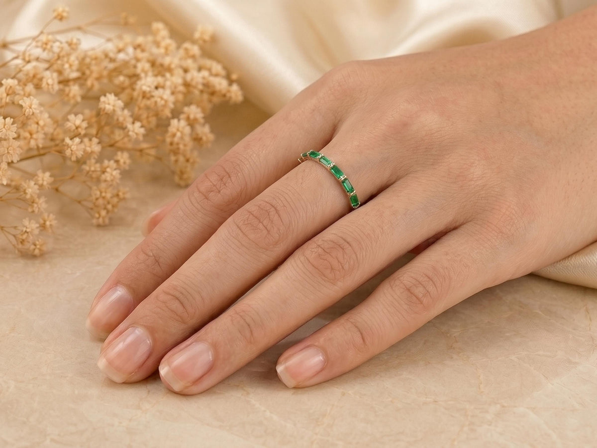 Baguette Emerald Half Eternity Ring – 2.35mm in solid gold, view 9