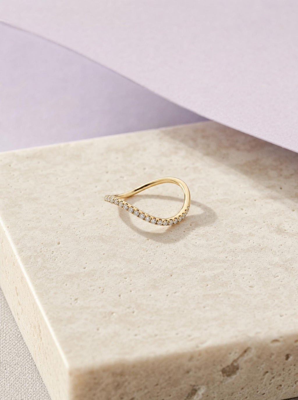 Pavé Lab-Grown Diamond Wave Ring – 1.5mm Curved Band in solid gold, view 2