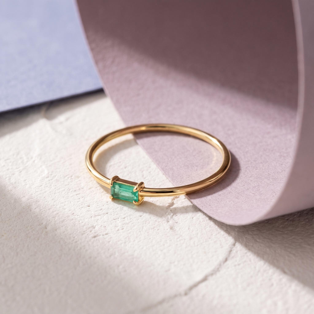 Thin Baguette Solitaire Ring in solid gold