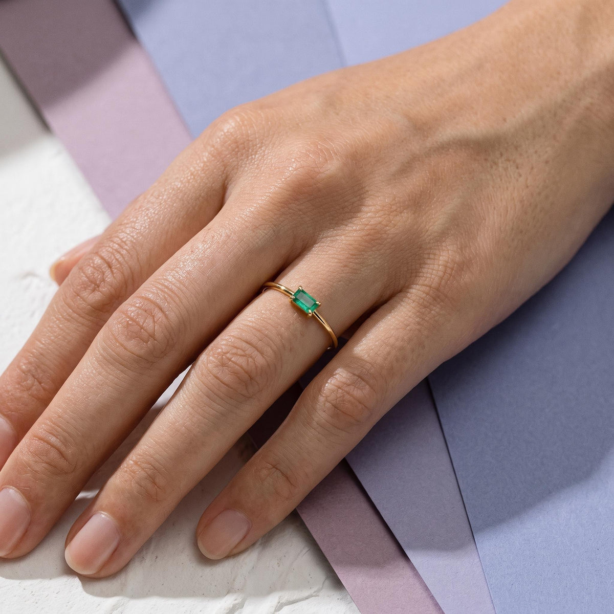 Thin Baguette Solitaire Ring in solid gold, view 2