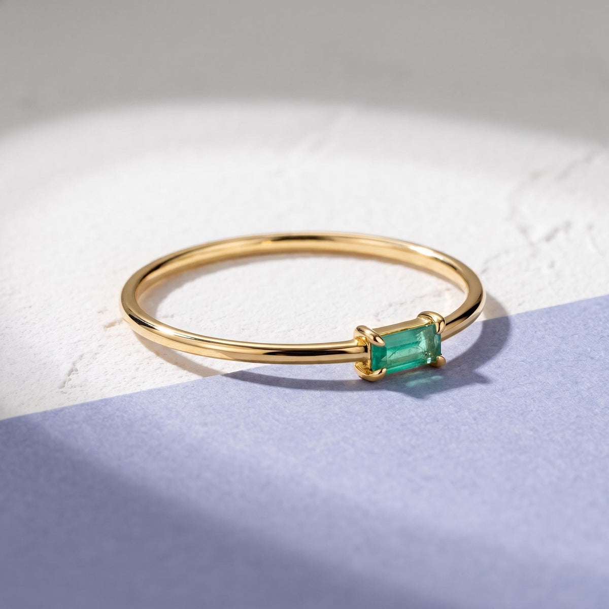 Thin Baguette Solitaire Ring in solid gold, view 5