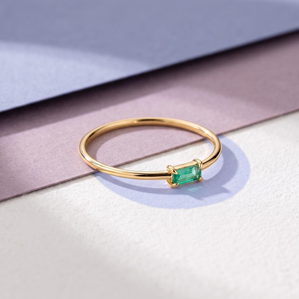 Thin Baguette Solitaire Ring in solid gold, view 7