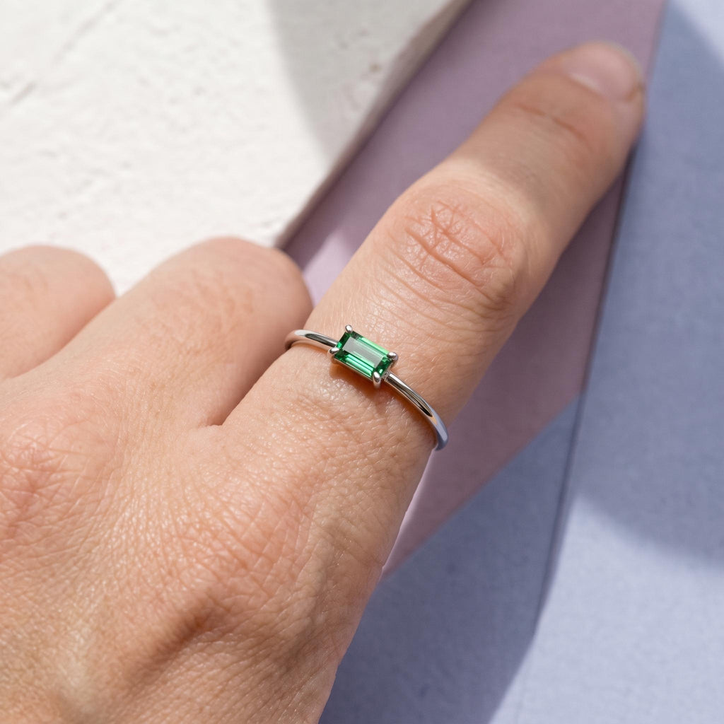 Thin Baguette Solitaire Ring in solid gold, view 9