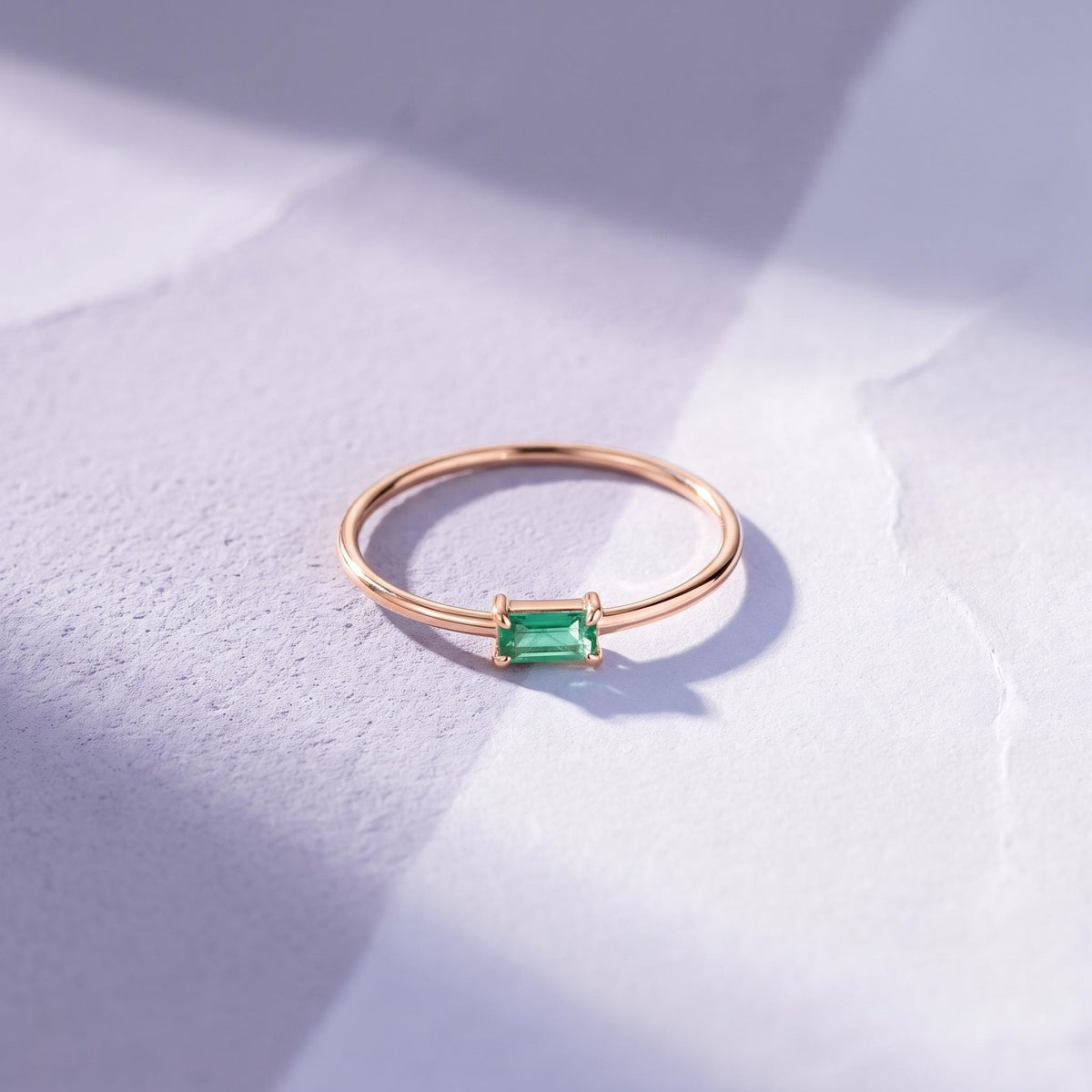 Thin Baguette Solitaire Ring in solid gold, view 10