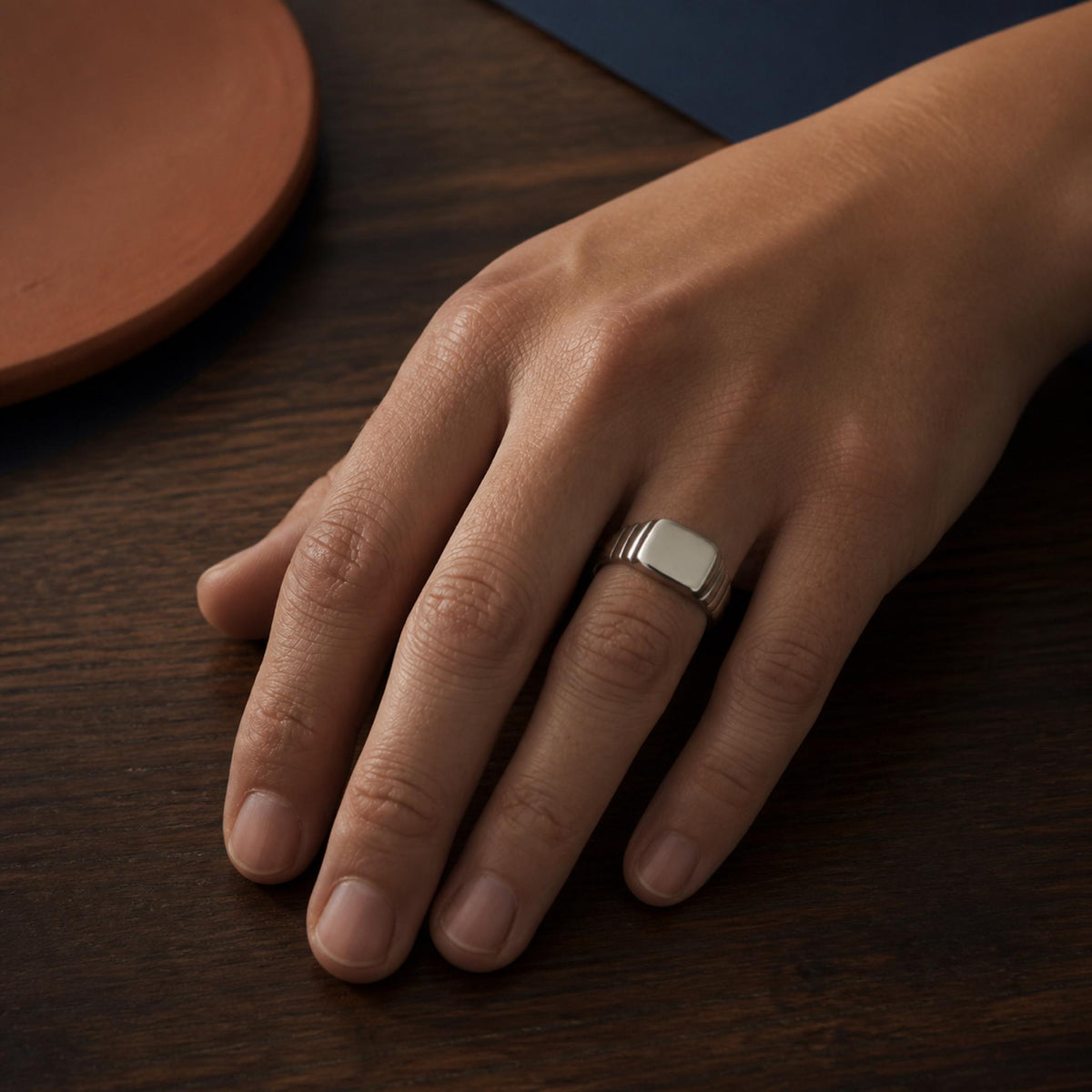 Ribbed Square Signet Ring – 10mm Unisex Pinky Ring in solid gold, view 5