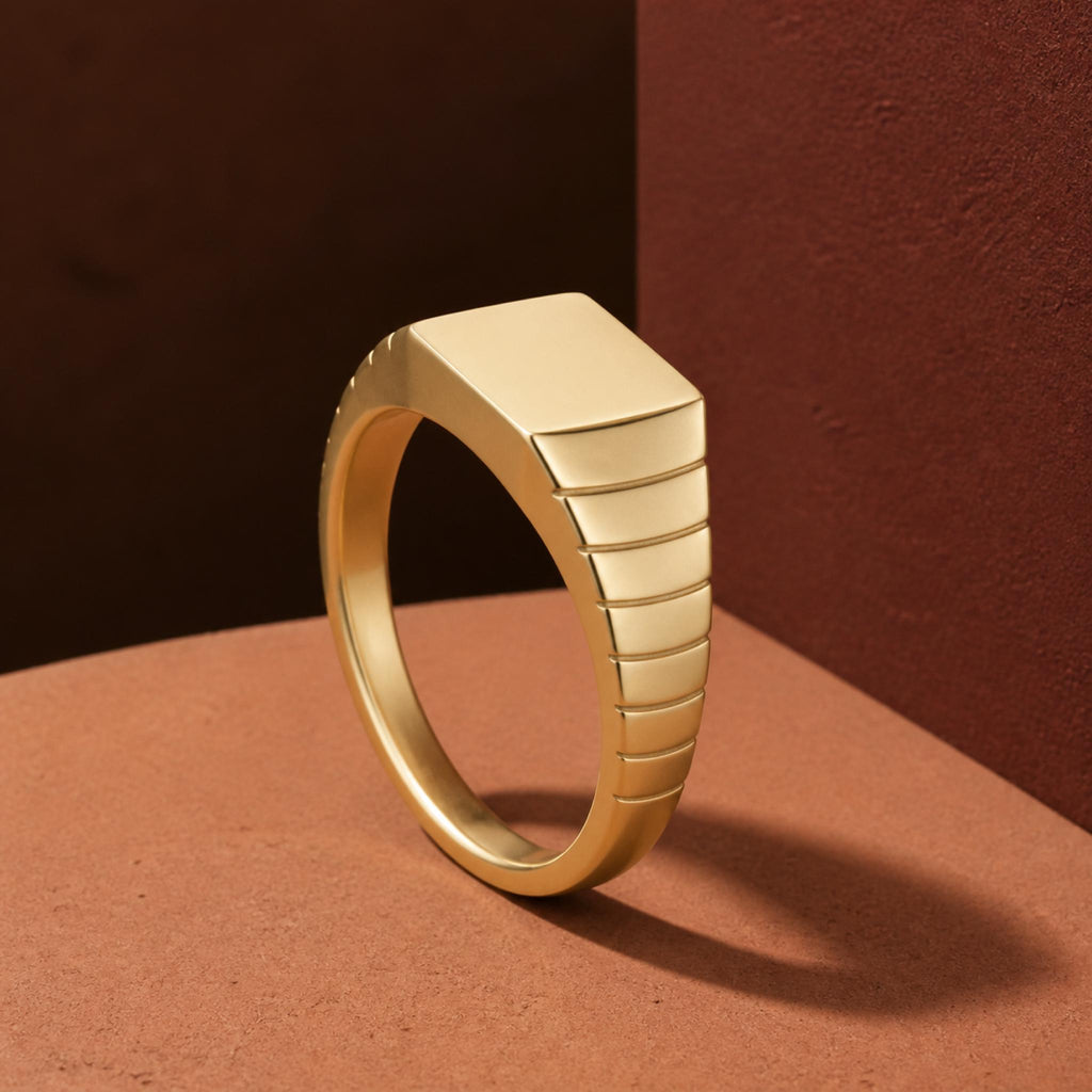 Ribbed Square Signet Ring – 10mm Unisex Pinky Ring in solid gold, view 7