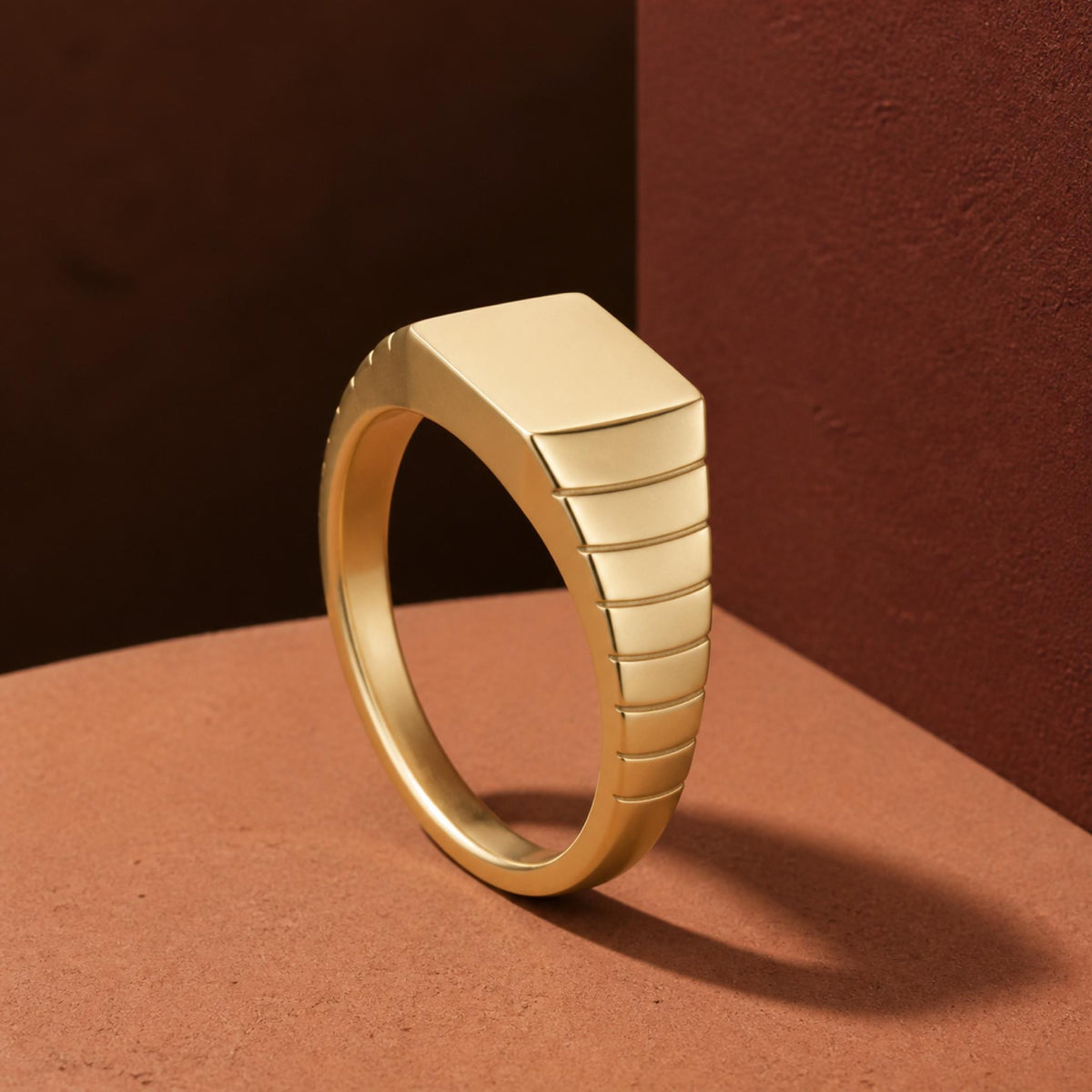 Ribbed Square Signet Ring – 10mm Unisex Pinky Ring in solid gold, view 7