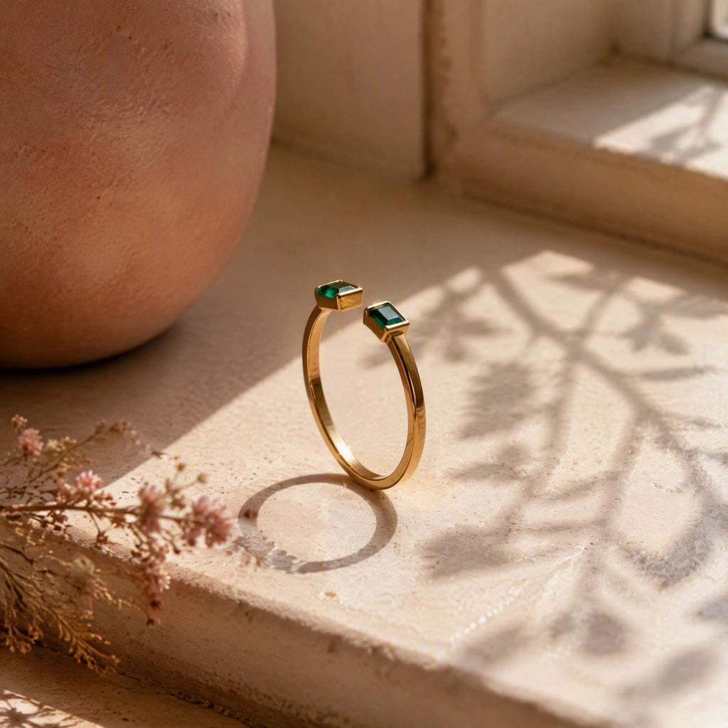 Baguette Emerald Open Ring – Dainty 1.1mm Band in solid gold, view 6