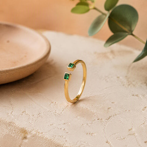 Baguette Emerald Open Ring – Dainty 1.1mm Band in solid gold