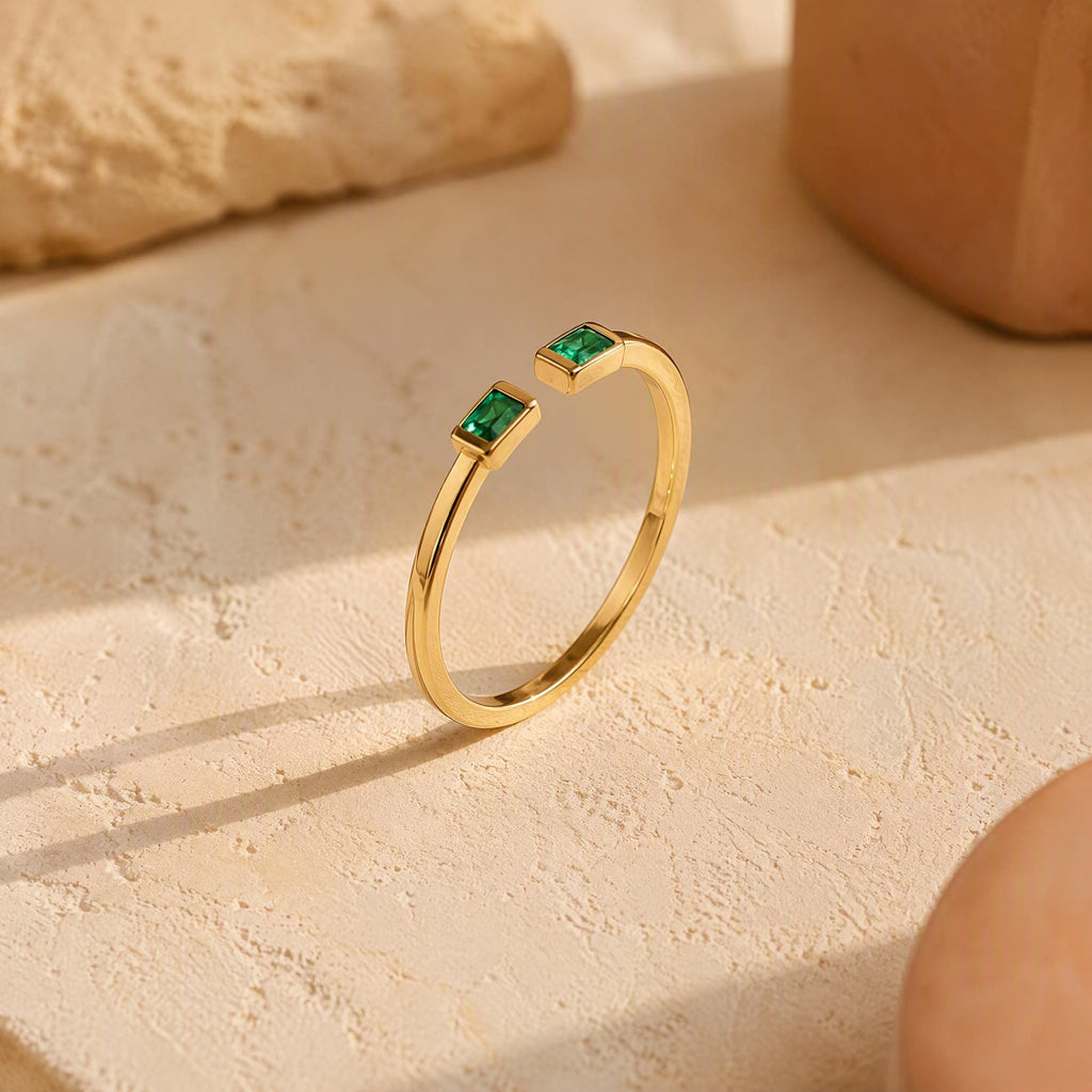 Baguette Emerald Open Ring – Dainty 1.1mm Band in solid gold, view 4