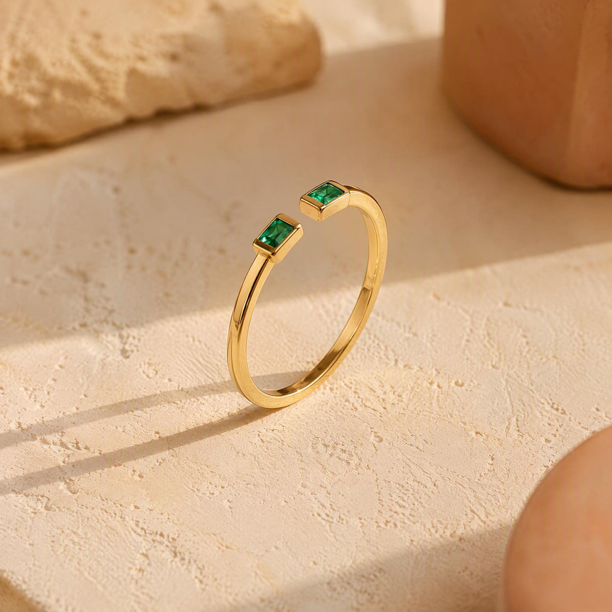 Baguette Emerald Open Ring – Dainty 1.1mm Band in solid gold, view 4