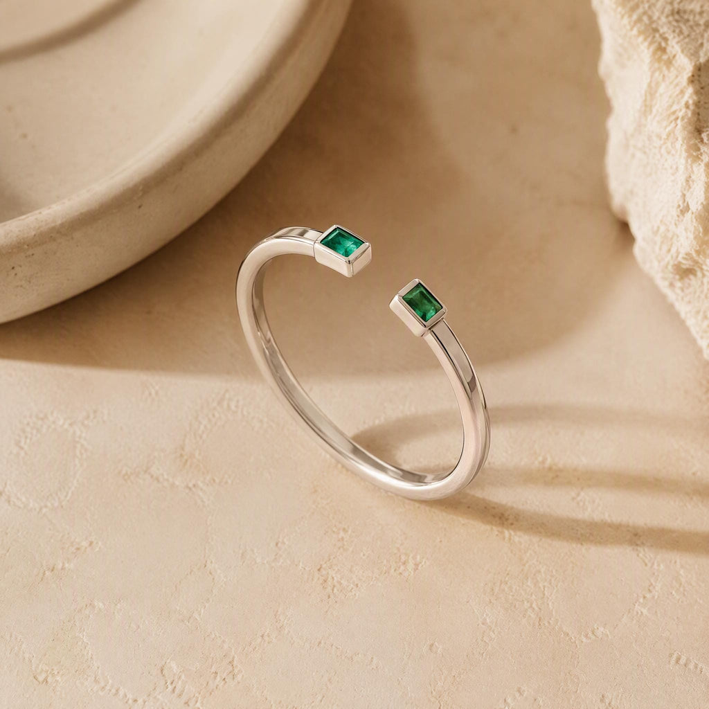 Baguette Emerald Open Ring – Dainty 1.1mm Band in solid gold, view 7