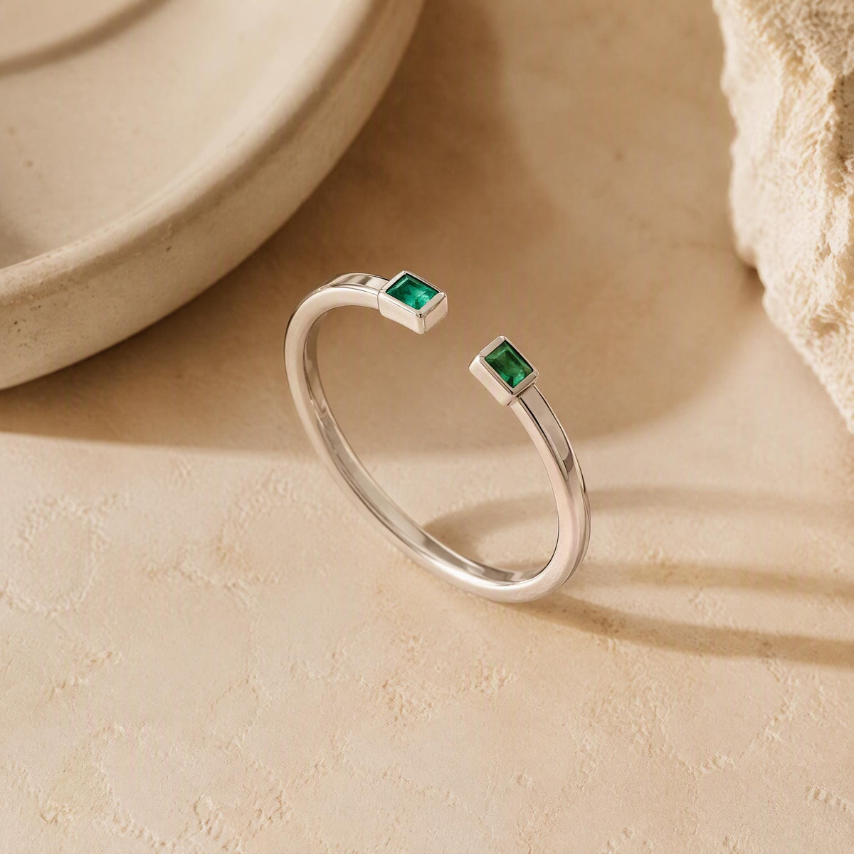 Baguette Emerald Open Ring – Dainty 1.1mm Band in solid gold, view 7