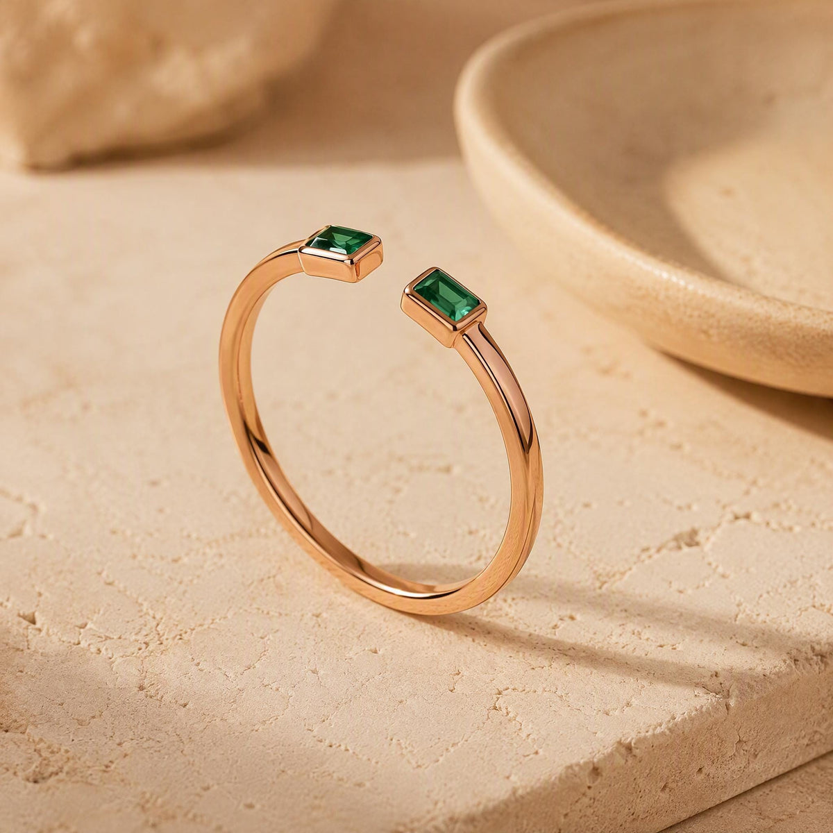 Baguette Emerald Open Ring – Dainty 1.1mm Band in solid gold, view 8