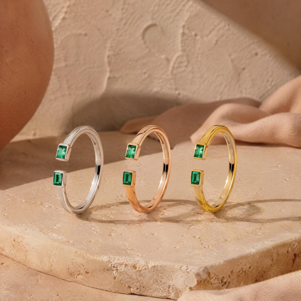 Baguette Emerald Open Ring – Dainty 1.1mm Band in solid gold, view 2
