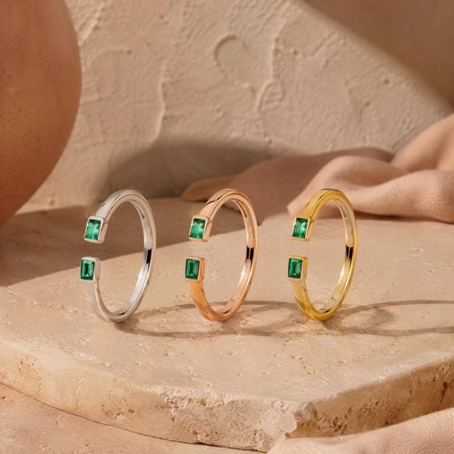 Baguette Emerald Open Ring – Dainty 1.1mm Band in solid gold, view 2