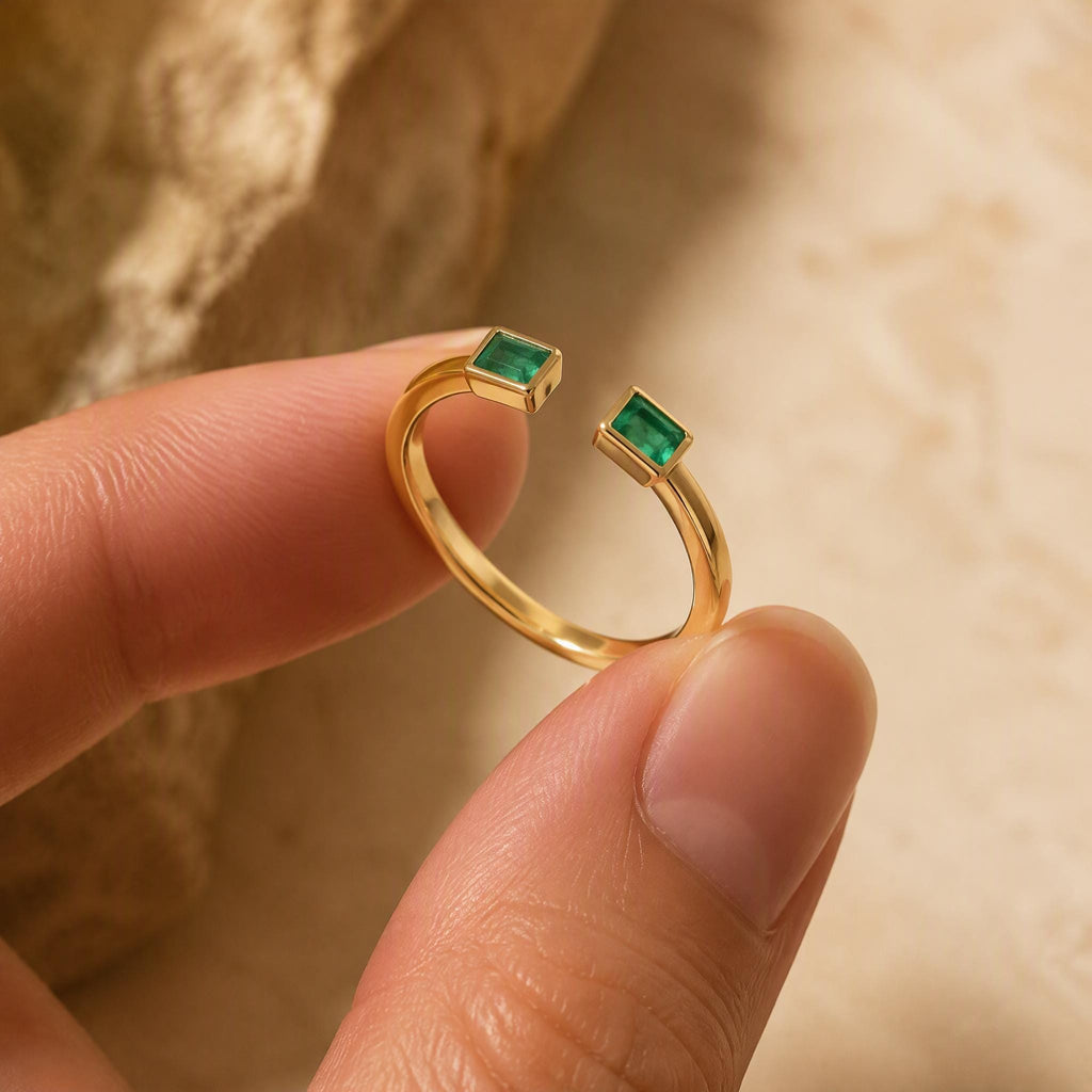 Baguette Emerald Open Ring – Dainty 1.1mm Band in solid gold, view 5